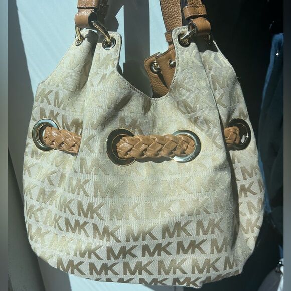 Michael Kors Logo Hobo Tote Shoulder Bag –Braided Grommet Handle Beige Canvas - Picture 1 of 13